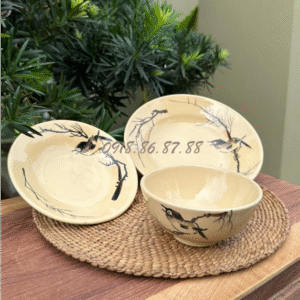 Combo Chén dĩa chim đen thủ công